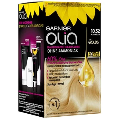 Afbeelding van Garnier Olia Set van 3 permanente haarverf, zonder ammoniak, voor 100% grijsdekking, The Golds, Platinum Gold 10.32 Blond