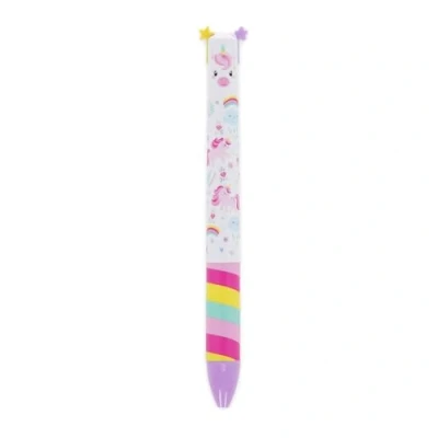 Afbeelding van Legami Click&amp;Clack pen met twee kleuren, paarse en roze inkt, drukpen, ideaal voor thuiskantoor, schattige eenhoorn pen, cadeau idee, kinderen, volwassenen, tweekleurig, diameter
