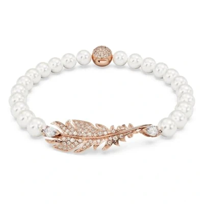 Afbeelding van Swarovski Mooie armband met Crystal Pearls en een veer kleurloze kristallen, roségoud verguld, maat L, Pearl, magneet, roségoudkleurig, zirkonia