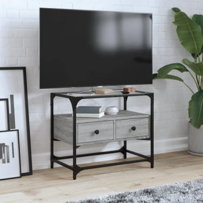 Afbeelding van Tv meubel met glazen blad 60x35x51 cm bewerkt hout grijs sonoma