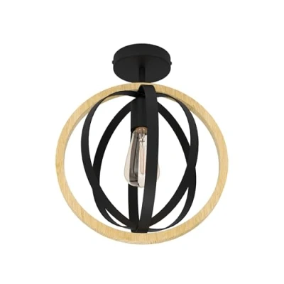 Afbeelding van EGLO Basildon Plafondlamp, ronde plafondlamp voor woonkamer en slaapkamer, FSCM70HB, lamp met cirkels van natuurlijk hout zwart metaal, E27 fitting