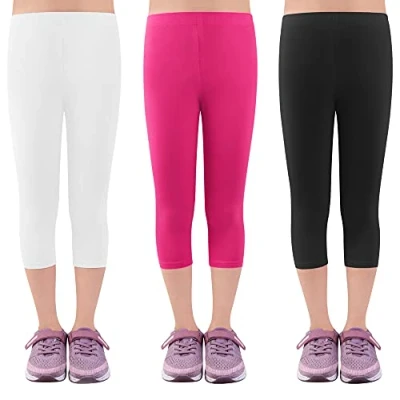 Afbeelding van L&amp;K II Kinderen meisjes leggings 3/4 capribroek katoenen broek schoolkleding leeftijd 4 18 jaar 2723, Set van 3 zwart+wit+roze