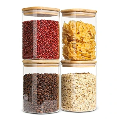 Afbeelding van ComSaf 1100ml Luchtdichte Potten met Bambus Deksel, 10cm Borosilicaat Glazen Voorraadpotten Set van 4, Opslag Bussen Silicone Afdichtring, Transparante Keuken voor Voedsel, Pasta