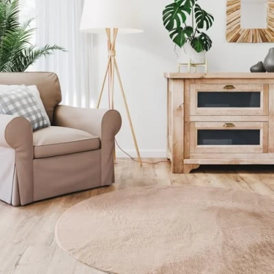 Afbeelding van Interiyou hoogpolig tapijt Fargo 200 x cm rond taupe pluizig kunstbont wasbaar antislip zacht