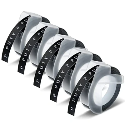 Afbeelding van 5 stuks 523809 9 mm labeltape compatibel met Dymo Omega 3D 3/8 inch zwart als vervanging voor Junior wafelband wit op