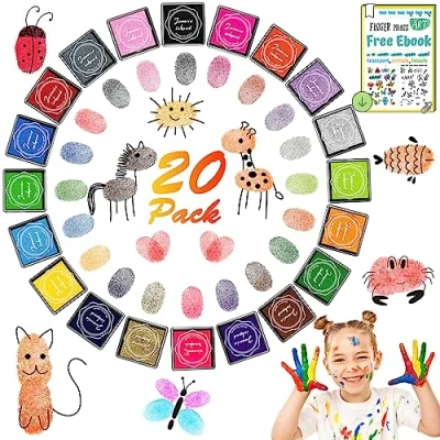 Afbeelding van DazSpirit Inkt Pad Stempels, 20 Kleuren Vingerafdruk Stempels Tekening DIY Kleur Wasbaar voor Kid Verbeelding Rubber Stempel Scrapbooking Kaart Maken Kunst Craft