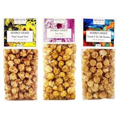Afbeelding van Everly Grace Popcorn Originals Bundle Caramel &amp; Sea Salt Sensation, Peanut Swirl, Love Story, 100 g popcornzakjes uit onze fabriek in Augsburg, Duitsland