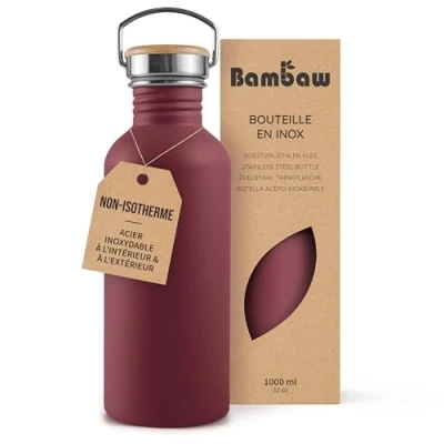 Afbeelding van Bambaw® Waterfles 1 liter Enkelwandige drinkfles RVS Niet Geïsoleerd Lekvrij, en Plasticvrij met Bamboe Dop Waterflessen Volwassenen Perfect voor Reizen, Werk, Yoga, Wandelen Dagelijks Gebruik Water Fles rood
