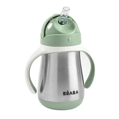 Image de Biberon/Tasse d&#039;apprentissage/Gourde Bébé 2 en 1 Tasse Paille Enfant Inox 100% étanche Anti fuite 250ml Vert sauge