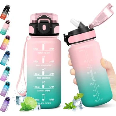 Afbeelding van KollyKolla Sportwaterfles voor kinderen, 500 ml, met motiverende tijdweergave, waterfles rietje, 1 klik open, school, fiets, sportschool