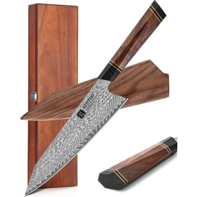 Afbeelding van XINZUO BUNKA MES Professioneel koksmes van vol Damascus staal F2 Series Vlijmscherp Damaststaal Roestvrij en Corrosievrij Vleesmes / keukenmes Handvat Noord Amerikaans Desert Ironwood Inclusief Acaciahouten Giftbox Schede