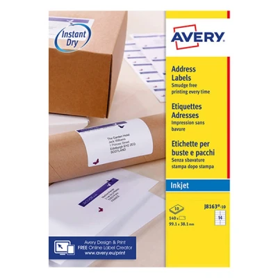 Image de Avery J8163 10 étiquettes d&#039;adresse A4 99,1 x 38,1 mm (140 étiquettes) blanc