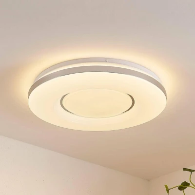 Afbeelding van Lindby LED plafondlamp met dimmer 1licht metaal, kunststof H: 7.5 cm wit, chroom Inclusief lichtbron