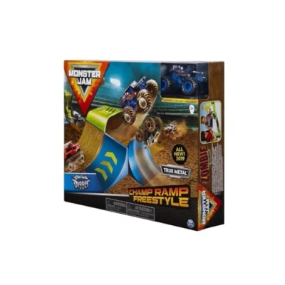 Afbeelding van Monster Jam Megalodon Mayhem speelset met unieke metalen truck op een schaal van 1:64