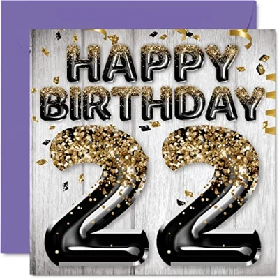 Afbeelding van 22e verjaardagskaart voor mannen Zwarte en gouden ballonnen Verjaardagskaarten van 22 jaar, zoon, broer, oom, neef, 145 mm x mm, tweeëntwintig seconden wenskaarten