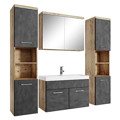 Afbeelding van Badplaats Badkamermeubel Set Paso XL 80 x 40 cm Kastanje Eiken met Donker Grijs Badmeubel spiegelkast en zijkasten