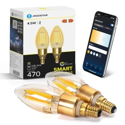 Afbeelding van Aigostar Alexa E14 slimme gloeilamp, 4,5 W, Edison, vintage, wifi, C35, intelligente retrolamp, compatibel met en Google Home, dimbaar 2700 K 6500 K, amber, 2 stuks