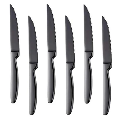 Afbeelding van BISDARUN Set van 6 steakmessen met scherp lemmet roestvrij staal, zwart tafelmes, lengte 22 cm
