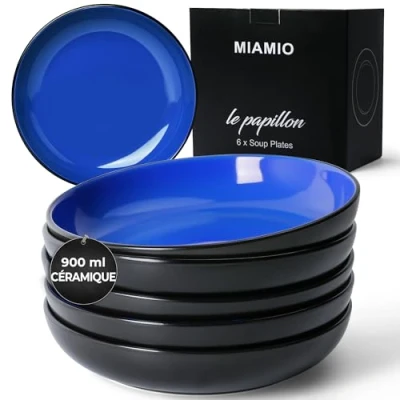 Afbeelding van MIAMIO 890 ml Set van 6 pastakommen/slakommen, pastaborden brede en ondiepe kommen, grote soepborden keramiek voor het serveren soep Collezione Le Papillon (blauw)