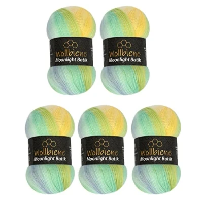 Afbeelding van Wollbiene Moonlight Batik Breiwol, 5 x 100 g, totaal 500 20% Turkse wol, kleurverloop (3070 geel, turquoise, blauw)