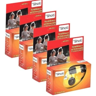 Afbeelding van 4 stuks 1A PORST wegwerpcamera&#039;s voor bruiloft en feest, rood oranje, 27 foto&#039;s, met flitser batterijen,
