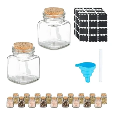 Afbeelding van Relaxdays Kruidenpotjes van glas met etiketten en trechter, kurkdeksel, transparant/natuur, 100 ml, 20 stuks