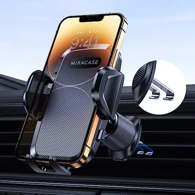 Image de Miracase support de téléphone voiture [double crochet métallique] stable et robuste réglable à 360 degrés, portable pour prise d&#039;air smartphone universel