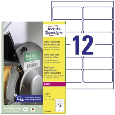 Afbeelding van Avery Zweckform L7913 40 Universele etiketten 99.1 x 42.3 mm Polyethyleen folie Wit 480 stuk(s) Permanent hechtend Laser (kleur), (zwart/wit)