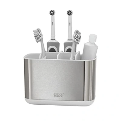 Image de Joseph EasyStore Porte brosse à dents et dentifrice, compatible avec les brosses électriques traditionnelles, 6 compartiments, récipient amovible pour le bain grand, Acier Inox