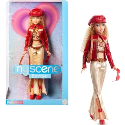Afbeelding van Barbie Signature My Scene HYC17 pop en accessoires, in een op Y2K geïnspireerde outfit met kunstleren jas, uitlopende broek, zadeltas poppenstandaard