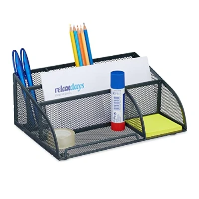 Afbeelding van Relaxdays bureau organizer metaal pennenbak met 5 vakken pennenhouder mesh design