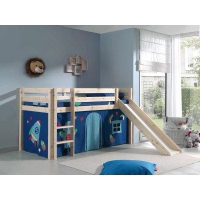 Afbeelding van LUCEVI Pino Halfhoogslaper + Ladder Glijbaan Astro Gordijntjes Bruin 90x200 cm
