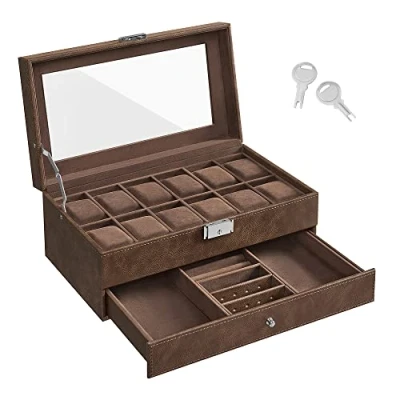 Afbeelding van SONGMICS Horlogedoos, Horlogekast, Glazen deksel, Doos met 2 niveaus, 12 Horloges, Afsluitbaar, 1 Lade, Ringen, Armbanden