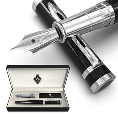 Afbeelding van Wordsworth &amp; Black Set met vulpennen, medium en extra fijn, goudkleurig, 18 karaat, 6 inktpatronen navulconverter, geschenkdoos, zacht schrijven [chroom zwart]