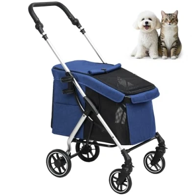 Afbeelding van PawHut poussette légère pliable en aluminium pour chien et chat jusqu&#039;à 10 kg avec coussin, fenêtres filet, portes, panier de rangement, chat, bleu foncé