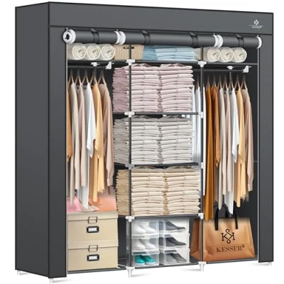 Afbeelding van KESSER® Stabiele stoffen kast met kledingstang en planken, inclusief 5 kleerhangers, vouwkast voor slaapkamer, kleedkamer kapstok 150 x 45 175 cm, antraciet