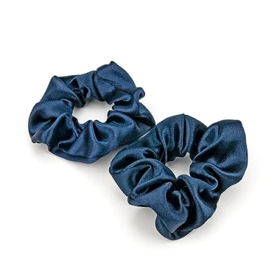 Image de Lot de 2 Chouchous en soie douce pour femme satin qualité supérieure queue cheval Élastiques cheveux longs, fins et épais bouclés (bleu marine)