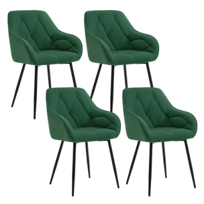 Afbeelding van WOLTU EZS02dgn 4 Set van eetkamerstoelen, keuken, woonkamer, ergonomisch, met armleuningen, gevoerde zitting, fluwelen metalen poten, donkergroen