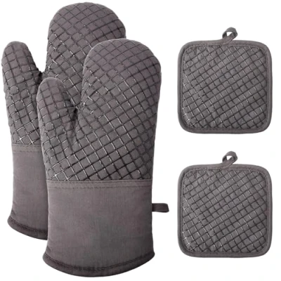 Afbeelding van Set Van 4 ovenwanten Hittebestendige en antislip keukenhandschoenen zacht katoen Lang flexibel dikke siliconen Voor de keuken