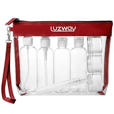 Afbeelding van LUZWAY Toilettas transparant + 8 lege reisflessen voor vloeistoffen (max. 100 ml), reisset vliegtuig, in handbagage, make uptas mannen en vrouwen, Rood