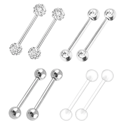 Afbeelding van LEEQ 4 paar barbell ring, 316L, roestvrij staal, tepelringen, zirkonia, kubiek, tongringen, sieraden, piercing, 14 gauge