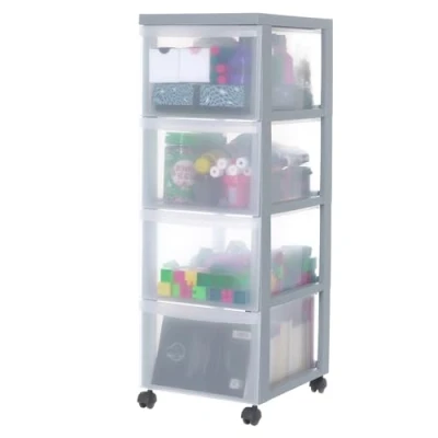 Afbeelding van Iris Ohyama, DC 304 Opbergtoren met wielen, van kunststof, 4 grote laden, grijs, gemakkelijk te openen, opbergkast, schrijfwaren, voor slaapkamer, badkamer, school en kantoor, BPA vrij,