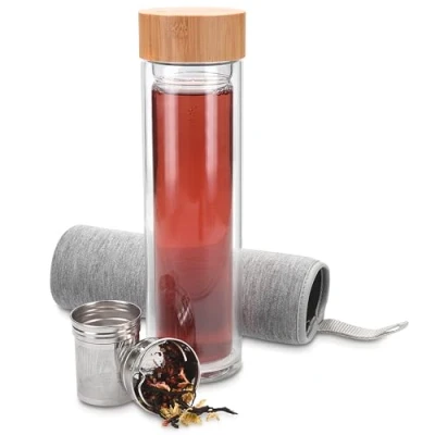 Afbeelding van Navaris glazen theefles met filter 500 ml Waterfles van glas Dubbelwandige drinkfles Fles bamboe dop, thee infuser en hoes
