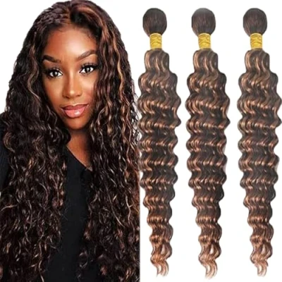 Image de Tuheerst Deep Wave Human Hair Bundles P430 Highlight Brown Extensions Real Sew in Extension 3 Double Weft Remy Low Shedding for Woman 34 Inch