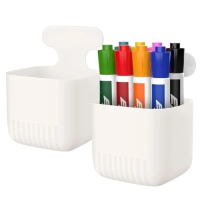 Afbeelding van MoKo Set van 2 magnetische droog uitwisbare whiteboard markeerhouders, pennenhouder voor kantoor, kluisje, koelkast, wit