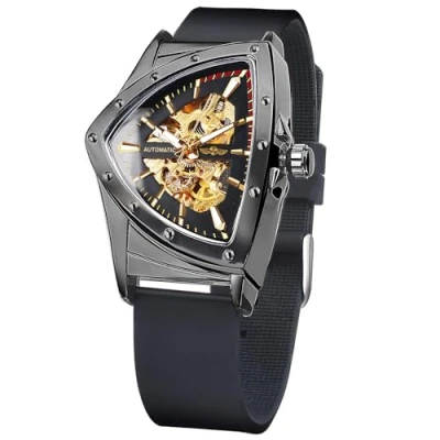 Afbeelding van Forsining Skelet herenhorloge, automatisch Mechanisch horloge met lichtgevende driehoekige wijzerplaat, handmatig opwindend, roestvrijstalen of zachte siliconen armband, Zwart/Geel,