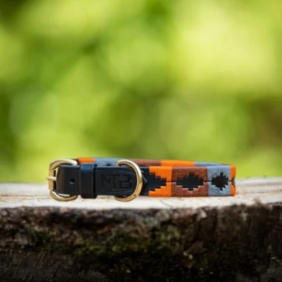 Afbeelding van Leren halsband met lijn maat S Polo print oranje bruin grijs MTB Equestrian