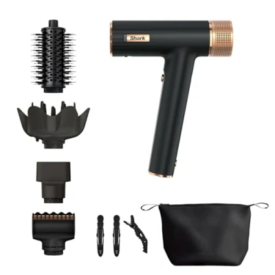 Afbeelding van Shark SpeedStyle RapidGloss haardroger en afwerking met opbergtas, haarclips, 5 opzetstukken, alle haartypes, sneldrogend, zonder thermische schade, zwart/koper HD353BKEU