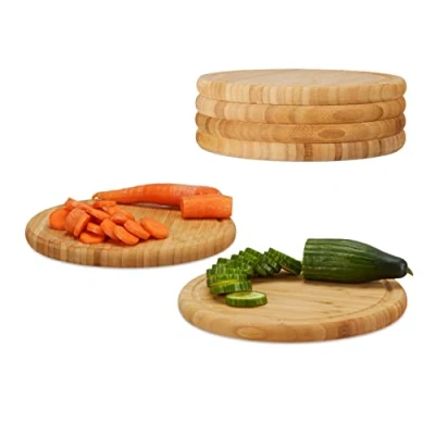 Afbeelding van Relaxdays ontbijtplanken set 25 cm bamboe natuurlijke keukenplank serveerplank rond Pak van 6
