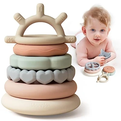 Afbeelding van Moonkie Speelgoedtoren voor baby&#039;s, stapelbaar, met ringen, Montessori speelgoed, speelgoed educatief cadeaus baby&#039;s van 6, 12, 18 maanden (7 stuks)